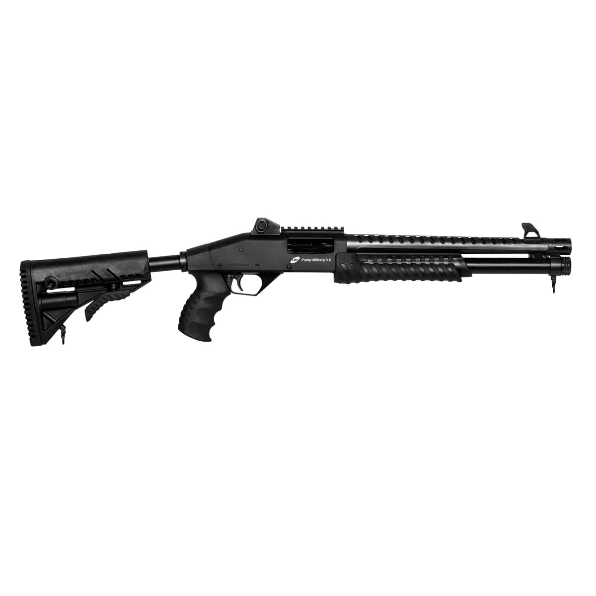 ESPINGARDA CBC PUMP MILITARY 3.0 CORONHA RETRÁTIL CALIBRE 12 CANO 24" COM ACESSÓRIOS