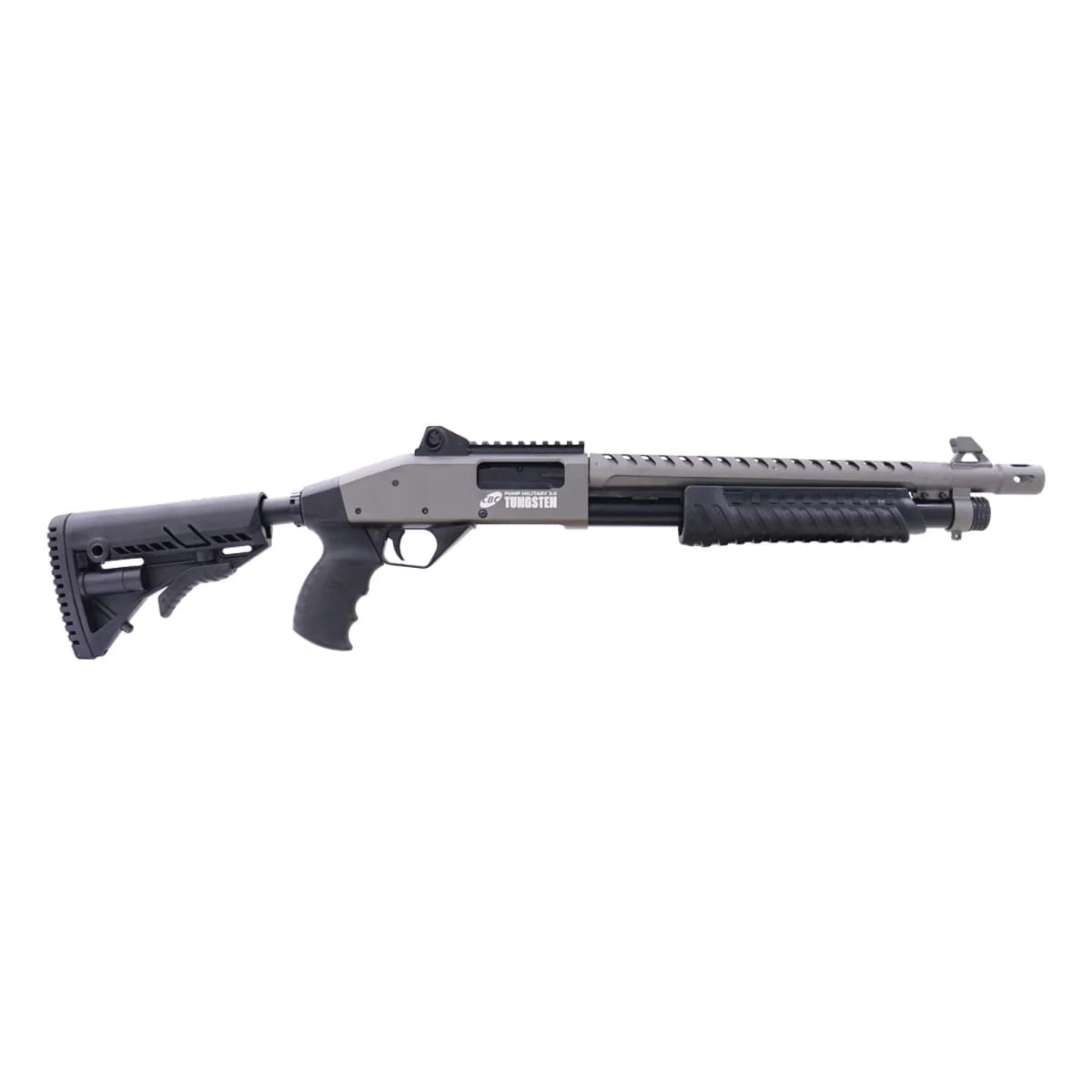 ESPINGARDA CBC PUMP MILITARY 3.0 TUNGSTEN CORONHA RETRÁTIL CALIBRE 12 CANO 16" COM ACESSÓRIOS
