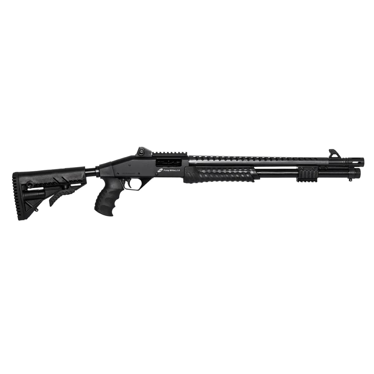 ESPINGARDA CBC PUMP MILITARY 3.0 CORONHA RETRÁTIL CALIBRE 12 CANO 19 C/ ACESSÓRIO
