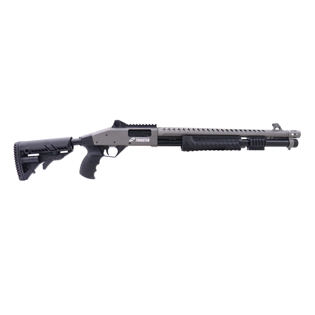 ESPINGARDA CBC PUMP MILITARY 3.0 TUNGSTEN CORONHA RETRÁTIL CALIBRE 12 CANO 19" COM ACESSÓRIOS