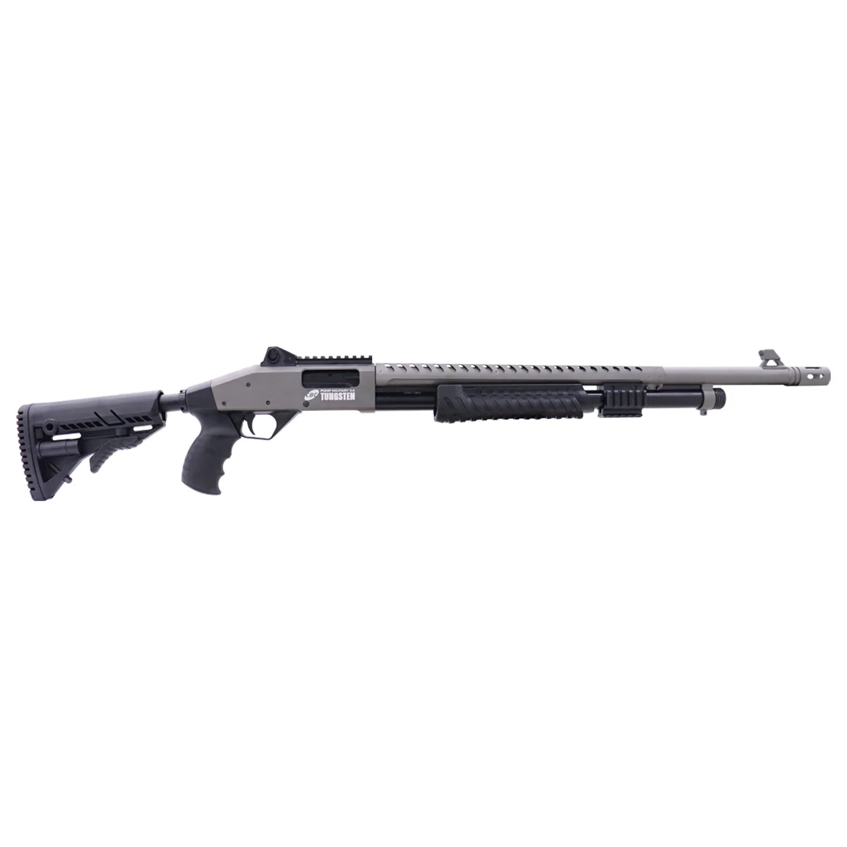ESPINGARDA CBC PUMP MILITARY 3.0 TUNGSTEN CORONHA RETRÁTIL CALIBRE 12 CANO 24" COM ACESSÓRIOS