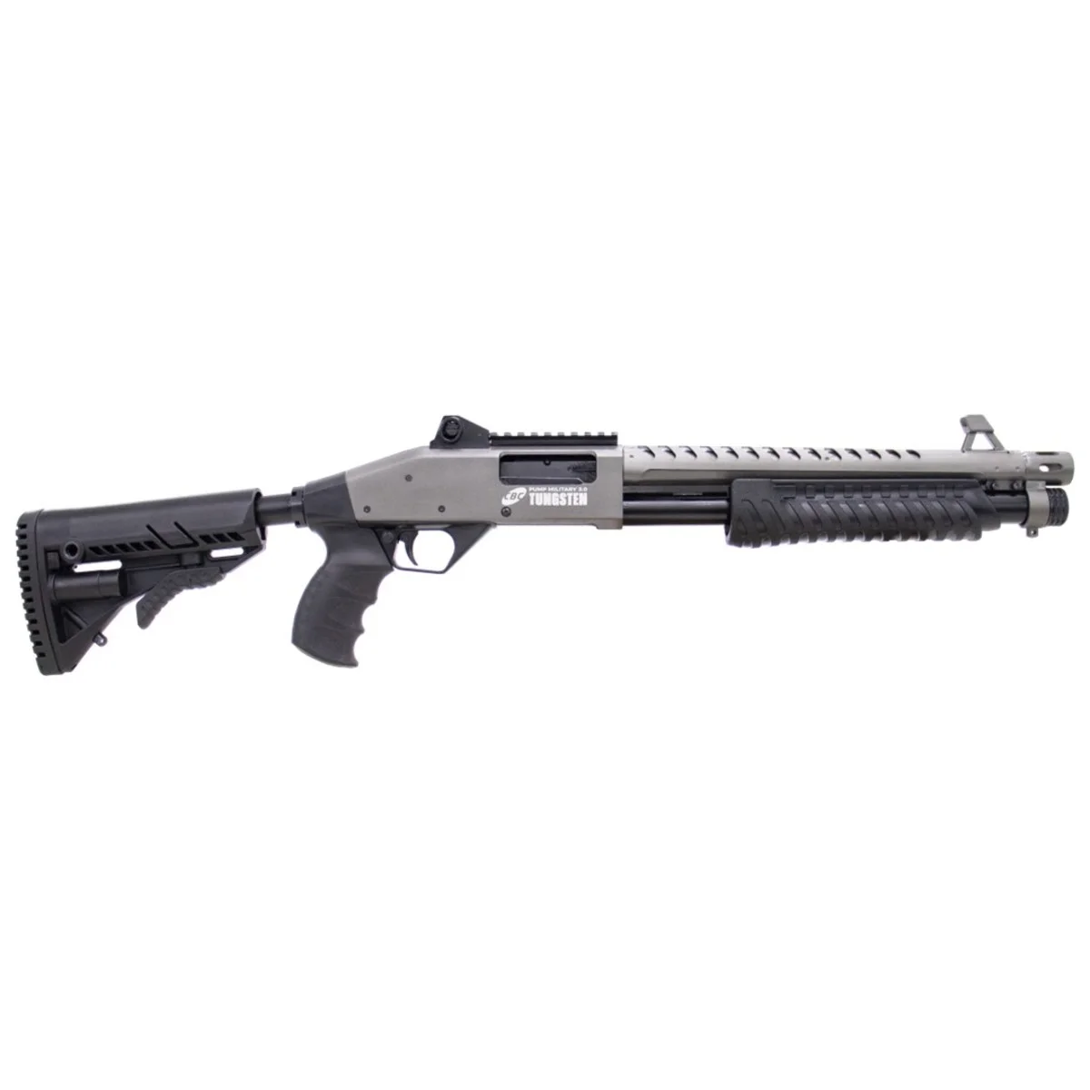 ESPINGARDA CBC PUMP MILITARY 3.0 TUNGSTEN CORONHA RETRÁTIL CALIBRE 12 CANO 14" COM ACESSÓRIOS