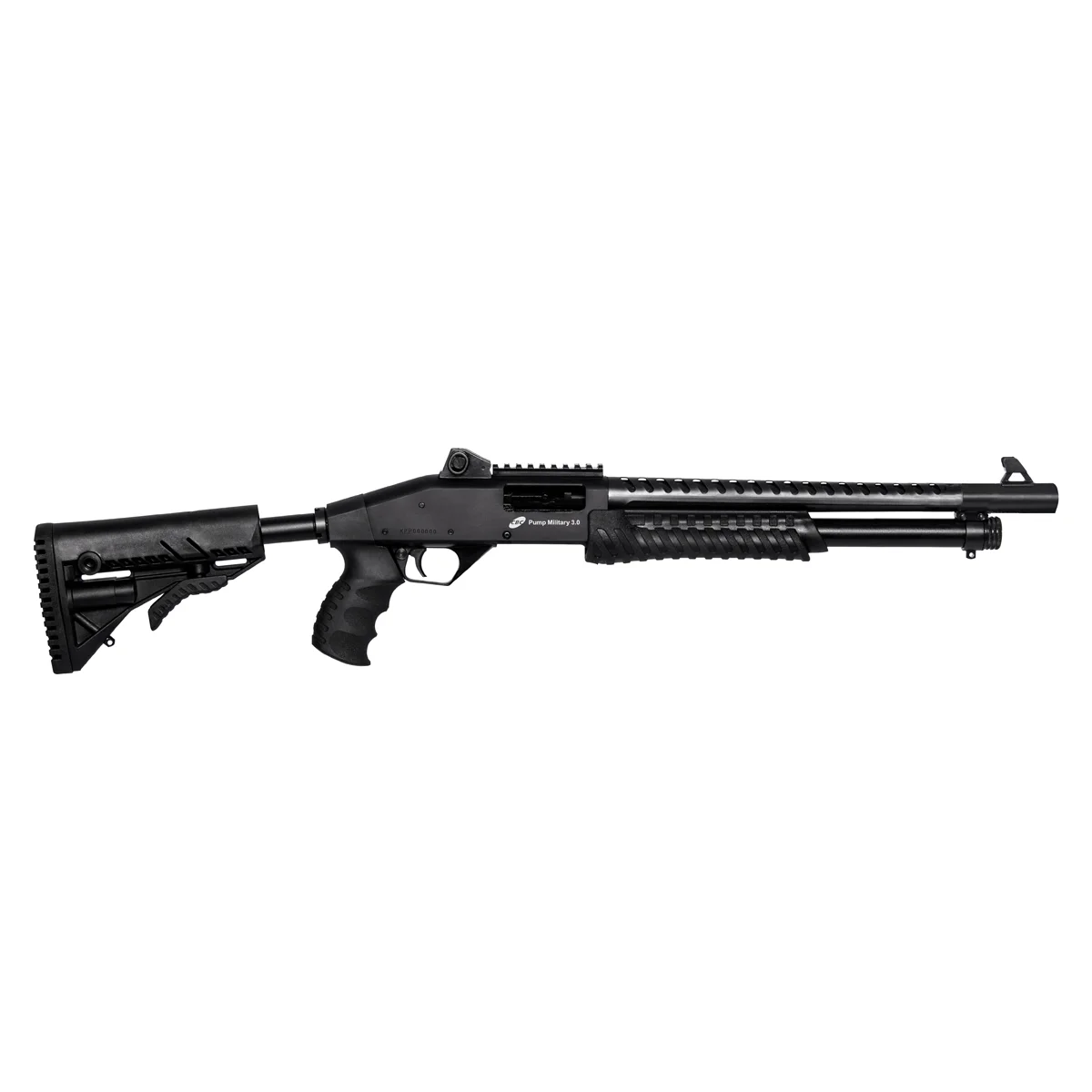ESPINGARDA CBC PUMP MILITARY 3.0 CALIBRE 12 CORONHA RETRÁTIL CANO 16 C/ ACESSÓRIOS