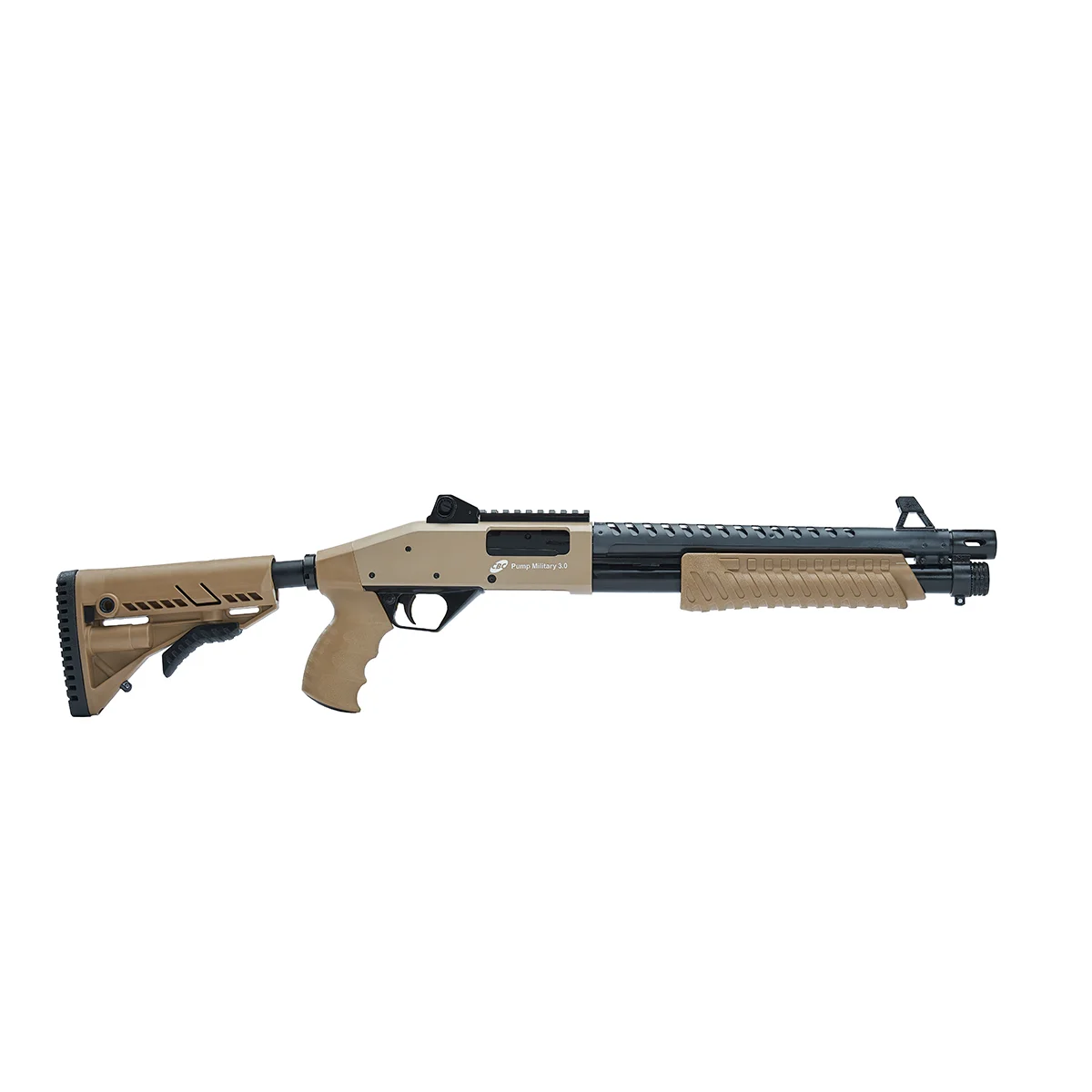 ESPINGARDA CBC PUMP MILITARY 3.0 CORONHA RETRÁTIL CALIBRE 12 CANO 14" COM ACESSÓRIOS TAN