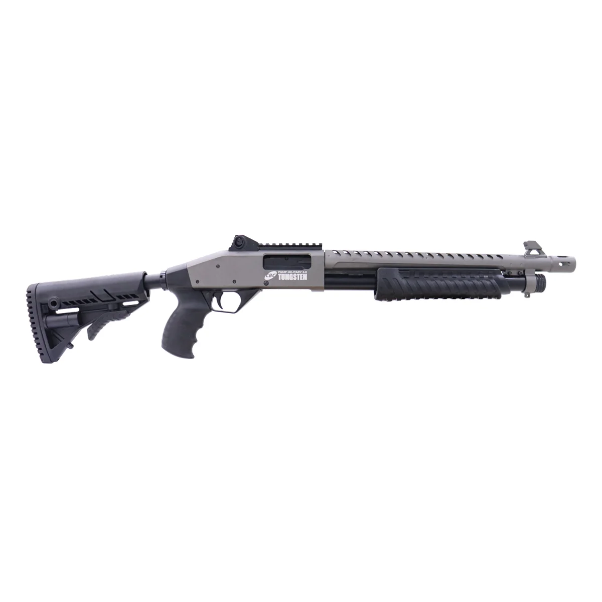 ESPINGARDA CBC PUMP MILITARY 3.0 TUNGSTEN CORONHA RETRÁTIL CALIBRE 12 CANO 16" COM ACESSÓRIOS