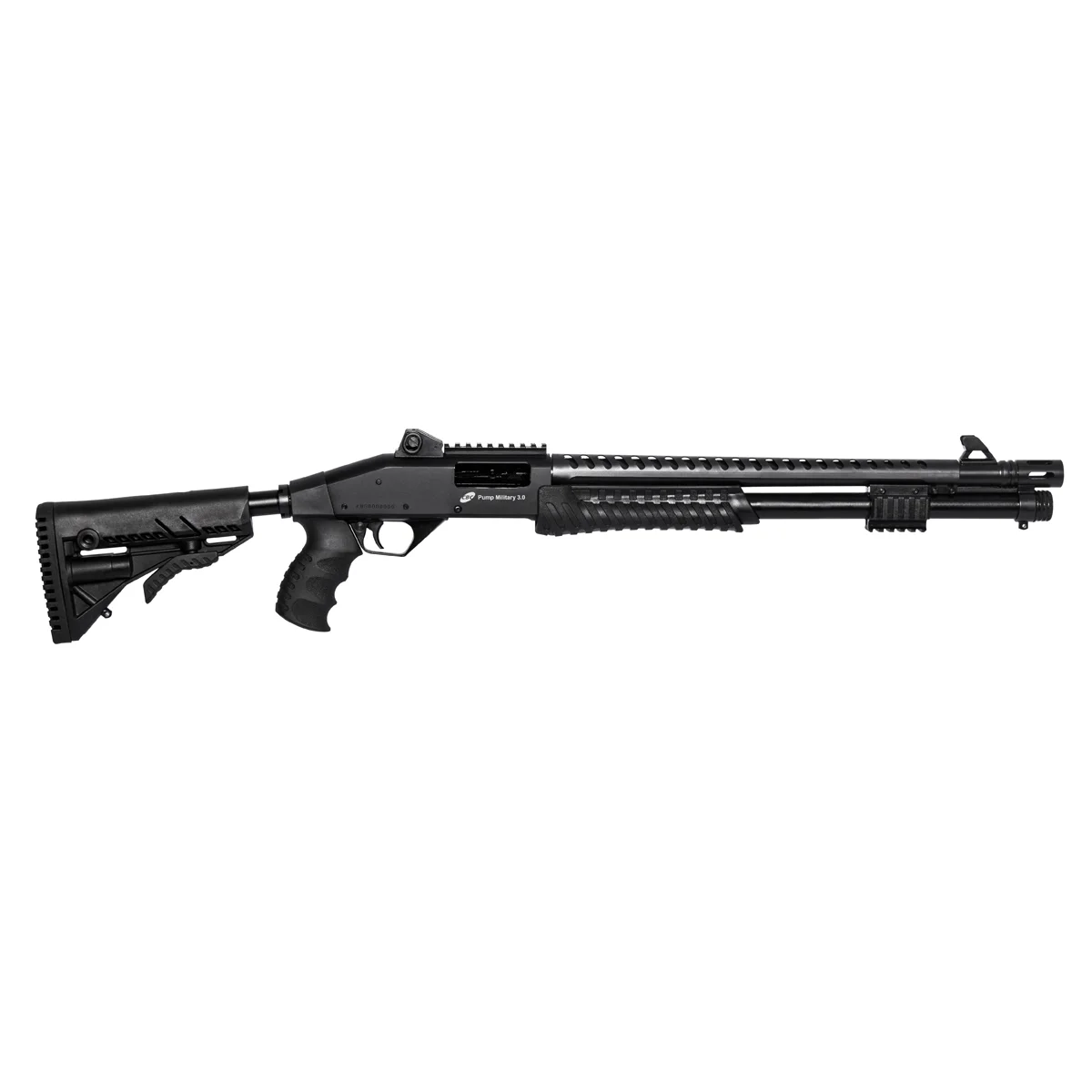 ESPINGARDA CBC PUMP MILITARY 3.0 CORONHA RETRÁTIL CALIBRE 12 CANO 19 C/ ACESSÓRIO