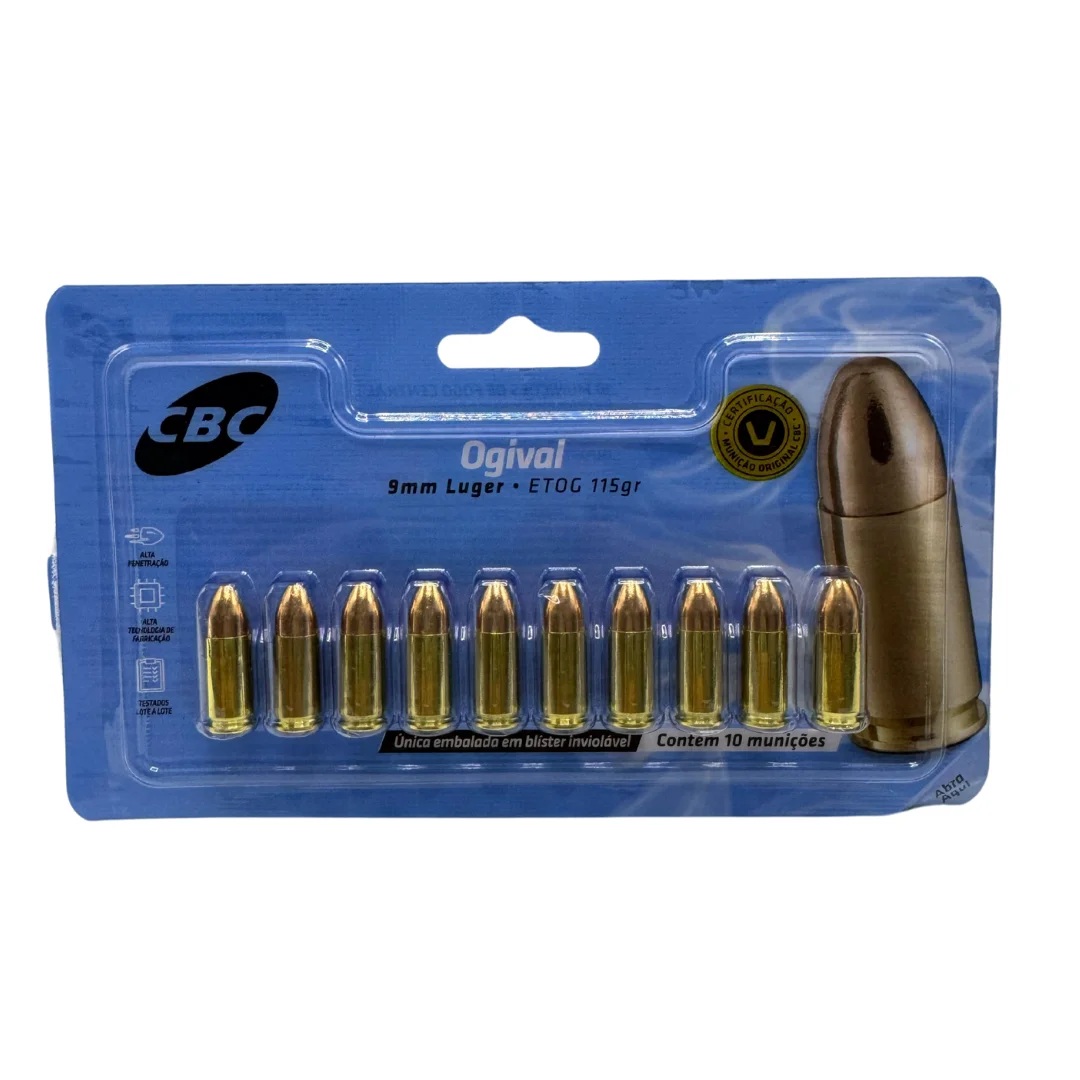 MUNIÇÃO CBC 9MM LUGER ETOG 115GR OGIVAL - BLISTER COM 10 UNIDADES